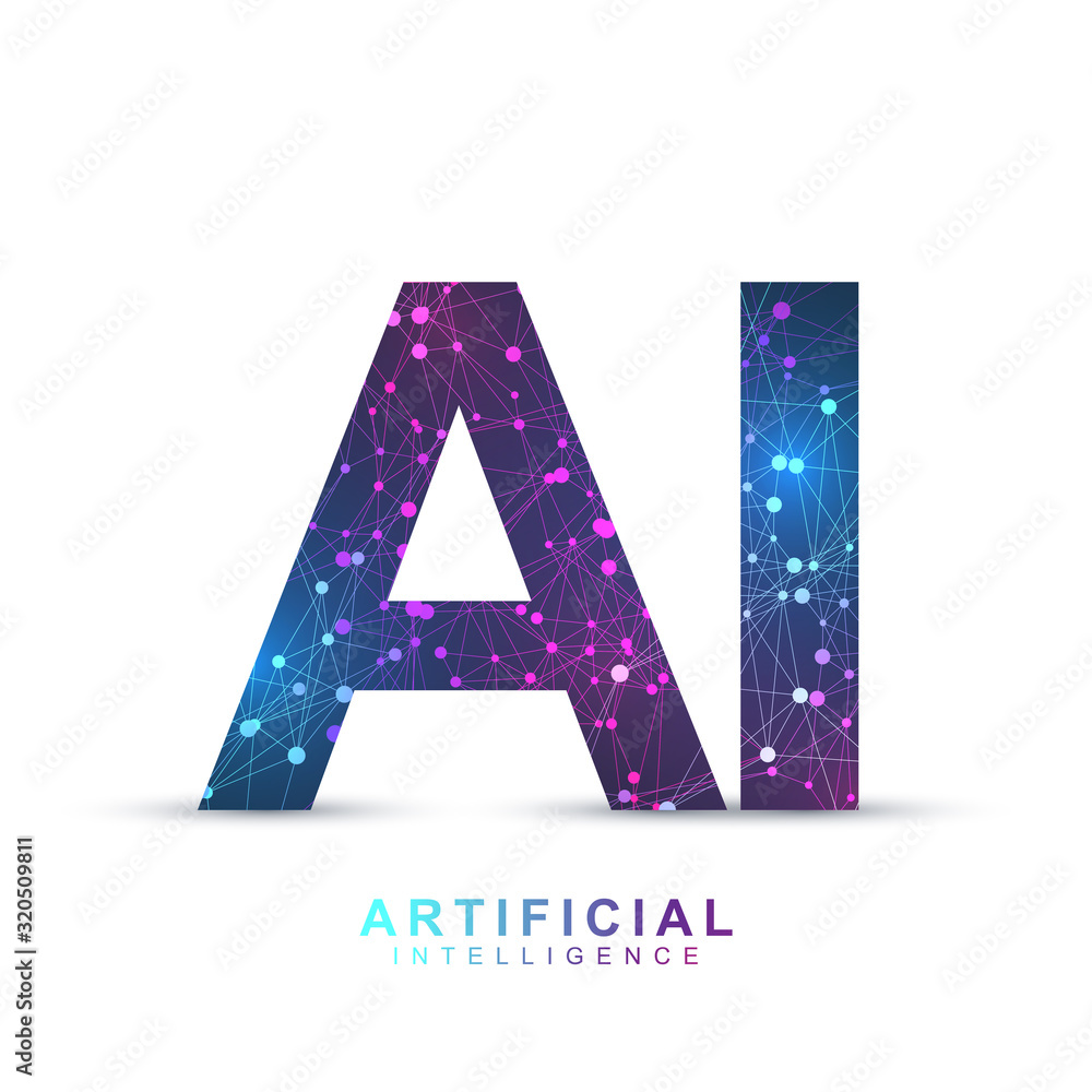 Poster Artificial Intelligence Logo Plexus effect. Artificial Intelligence and Machine Learning Concept. Vector symbol AI. Neural networks and another modern technologies concepts. Technology sci-fi concept.