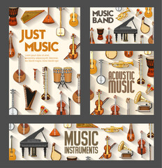 Classic orchestra, jazz and folk music instruments posters. Vector acoustic music concert and sound band festival, piano, gramophone, Russian balalaika and Greek sitar, African drums and Japanese biwa