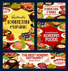 Korean restaurant menu, Asian traditional cuisine food recipes. Vector Korean authentic meat and rice food, ramen, soba or udon noodles, dumplings and salads, bulgogi soup and desserts