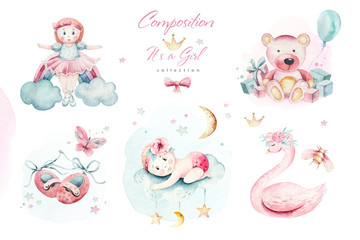 Baby shower kid swan watercolor girl design cartoon elements. Set of baby pink birthday illustration. Newborn party invitation © kris_art