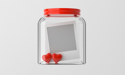 Empty picture frame an two red heart in a glass bottle on white background. Valentine sweet concept.