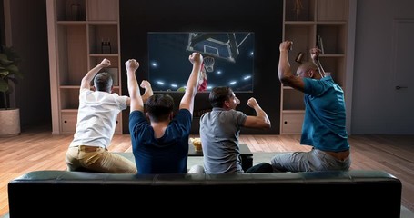 Group of students are watching a basketball moment on the TV and celebrating a goal, sitting on the couch in the living room. The living room is made in 3D.
