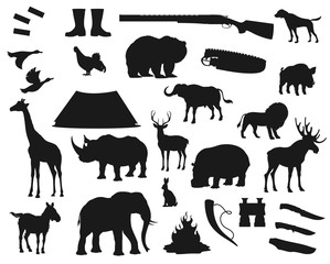 Hunt icons, wild animals and birds, hunter ammo equipment silhouettes. Vector deer, elk and bear, African safari hunt lion and elephant, rhinoceros, giraffe and boar, ducks and hunter rifle guns