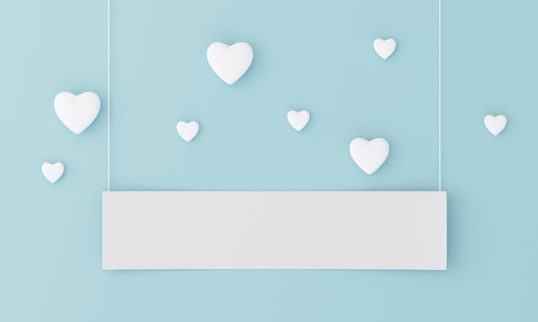 Manya heart floats on a pastel light blue background with a blank label for inserting letters. Valentine sweet concept.