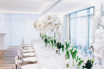 formal luxury elegant wedding decor restaurant tables served white tablecloth, plates, menus, glasses, tulips in vases, orchids, candles silver chairs, blue background