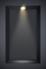 Vertical Black wall niche with spotlight. Recess in a dark wall in rectangle shaped with point light. Editable Background Vector illustration.