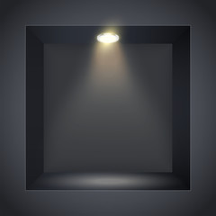 Vertical Black wall niche with spotlight. Recess in a dark wall in square shaped with point light. Editable Background Vector illustration.