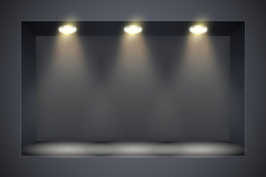 Horizontal Black Wall Niche With Spotlight. Recess In A Dark Wall In Rectangle Shaped With Point Light. Editable Background Vector Illustration.