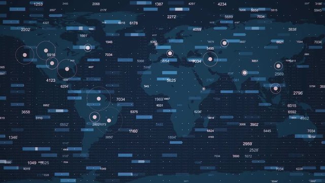 4K Business animation of world statistics with floating global data on world map background with active regions. Financial update statistics. Futuristic motion background with dynamic trading counters
