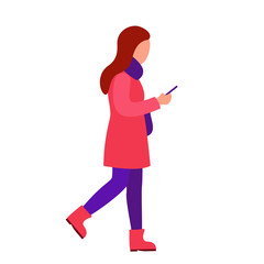 Young abstract woman looking at smartphone and walking. Smartphone addiction. Vector illustration