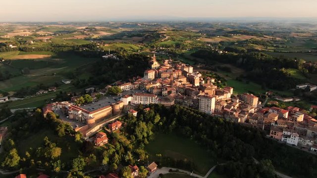 Drone aerial view of Moncalvo, Monferrato, unesco world heritage. Slow motion