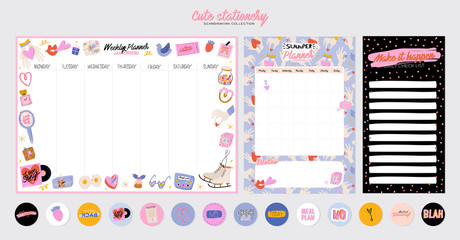 Collection of weekly or daily planner, note paper, to do list, stickers templates decorated by cute love illustrations and inspirational quote. School scheduler and organizer. Flat vector