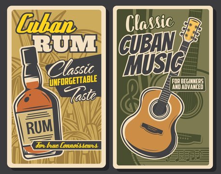 Cuba retro vintage posters, Latin America travel and Caribbean country culture. Vector Cuban rum bottle, Havana traditional bar or pub sign, classic guitar music bar or school courses