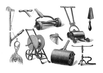 Garden tools - Antique engraved illustration from Brockhaus Konversations-Lexikon 1908