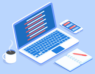 Stylish vector isometric 3d workspace for programming with laptop and cup of coffee illustration.