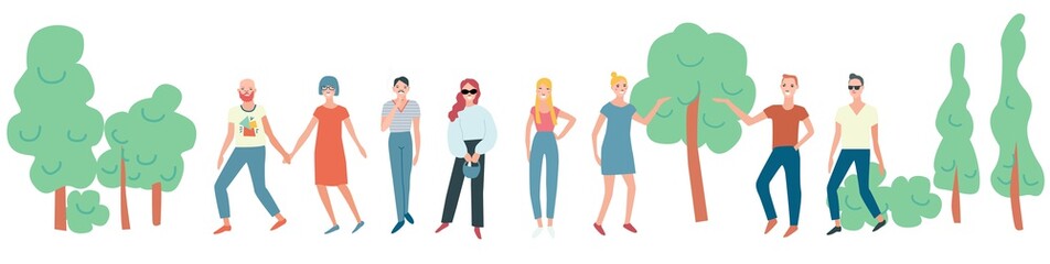 Crowd of female and male cartoon character with trees.