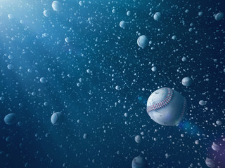 Baseball explosion and balls fly around in front of a bright background