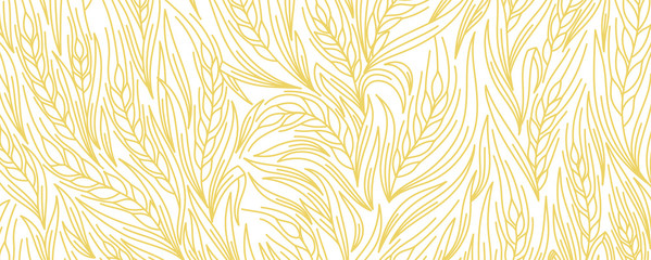 Cereal rye bread background. Leaves and ears of wheat wrapper. Agriculture straw. Orange contour line vector. Horizontal banner.