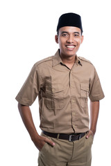 portrait of government worker wearing khaki uniform. pegawai negeri sipil of indonesia pns