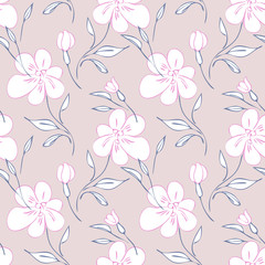 Pink Flowers Seamless Pattern. Hand Drawn Vector Background.