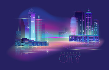 Night city panorama with neon glow. Vector illustration.