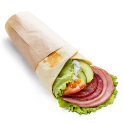 Delicious roll with salami and fresh vegetables, isolated on white background