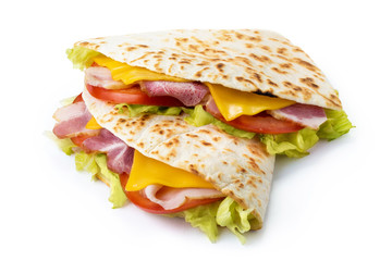 Delicious flat tortilla wraps with chicken fillet, cheese and fresh vegetables, isolated on white background