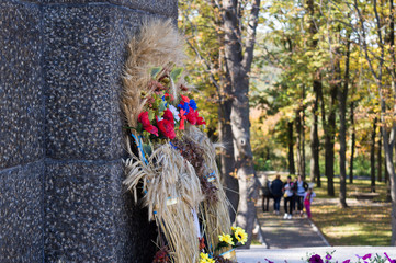 Wreath made from wheat and flowers on the grave of Taras Shevchenko on Taras Hill (Chernecha Hora)...