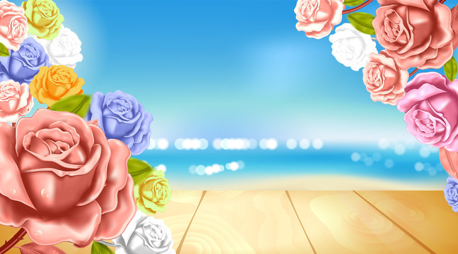 Happy Valentines Day greeting card or Wedding Invitation card templates with realistic of beautiful rose and flower on beach background