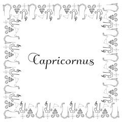 A square isolated black and white zodiac frame with the inscription Capricornus in the center. Astrological symbols hand-drawn. For banner, postcard, poster, etc. Vector.