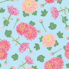 Pink chrysanthemum flowers and leaves seamless pattern on blue background