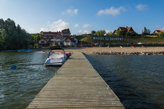 07 July 2018: View on the beach on the Sniardwy lake in Nowe Gury, Masuria, Poland