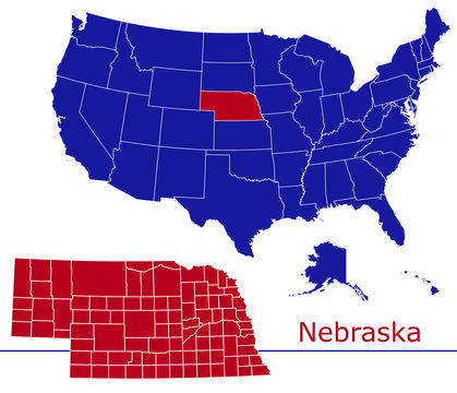Nebraska counties vector map with USA map colors national flag