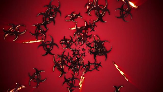 Falling BIOHAZARD, Radiation Hazard Danger Symbols Animation, Rendering, Background, Loop, with Alpha Channel, 4k