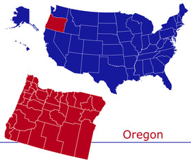 Oregon counties vector map with USA map colors national flag
