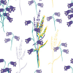 Seamless pattern with bouquets of campanula or bellflower and meadow grass. Hand drawn illustration on white background. Great  for fabric,  bed linen.