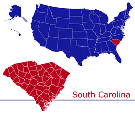 South Carolina counties vector map with USA map colors national flag
