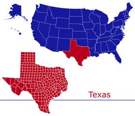 Texas counties vector map with USA map colors national flag