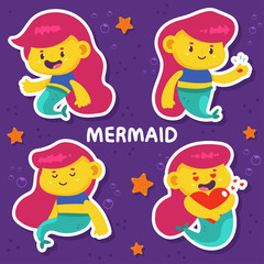 Fototapeta na wymiar Cute mermaid vector cartoon characters set isolated on background.