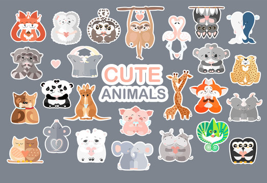Cute set of cartoon Hugging animals stickers. Loving couple animals. Vector illustration