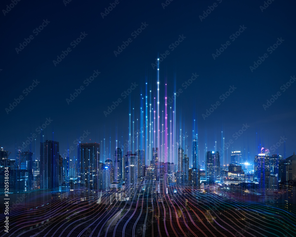 Wall mural smart city and abstract dot point connect with gradient line