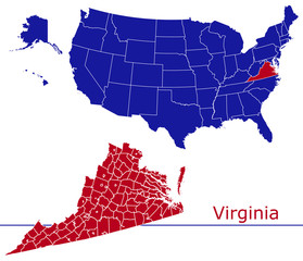 Virginia counties vector map with USA map colors national flag