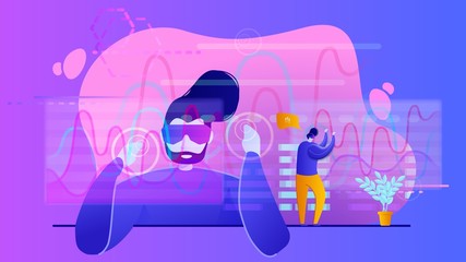 Man in AR glasses works with graphs and charts. Augumented reality concept.