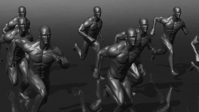 Minimalist back futuristic seamless animation of men running. Dark glossy elegant background of humanoid or artificial intelligence concept.
