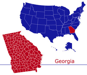 Georgia counties vector map with USA map colors national flag