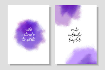 Bright watercolor templates with purple stains on the white background. A4/A5 layouts for invitations, cards, posters, flyers. Vector illustration