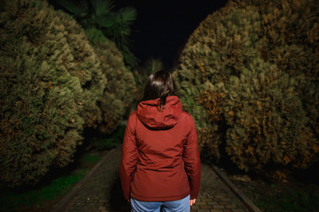 A woman at night in the park is a view from behind. There's a dark alley ahead.