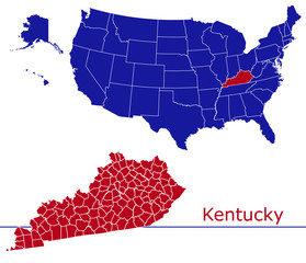 Kentucky counties vector map with USA map colors national flag