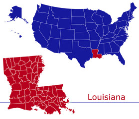 Louisiana counties vector map with USA map colors national flag