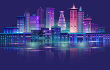 Fototapeta na wymiar Night city panorama with neon glow. Vector illustration.